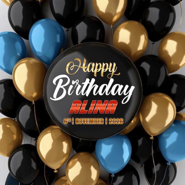 PSD birthday social media post with golden circle and balloons in black gold and blue