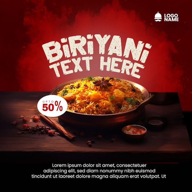 PSD biryani 요리 제공 소셜 미디어 게시물 템플릿