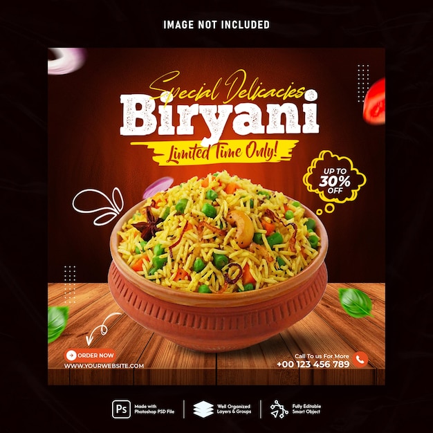 PSD biryani food szablon postu w mediach społecznościowych