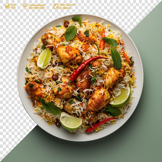 A biryani with chicken pieces on a transparent background