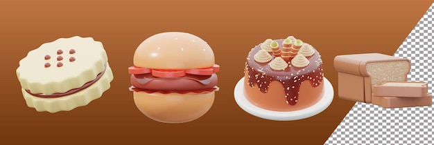 PSD biscotti pane burger torta cioccolato isolato transparans sfondo