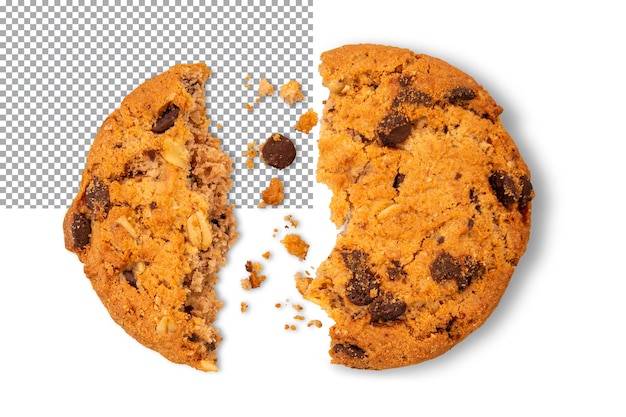 PSD biscuits broken into two halves with chocolate chips on a transparent background