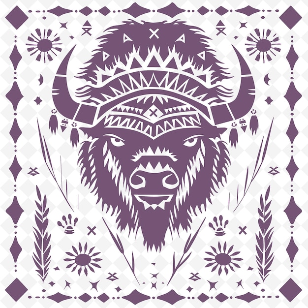 PSD bison line art with prairie grasses and native american symb outline scribble arts of nature decor