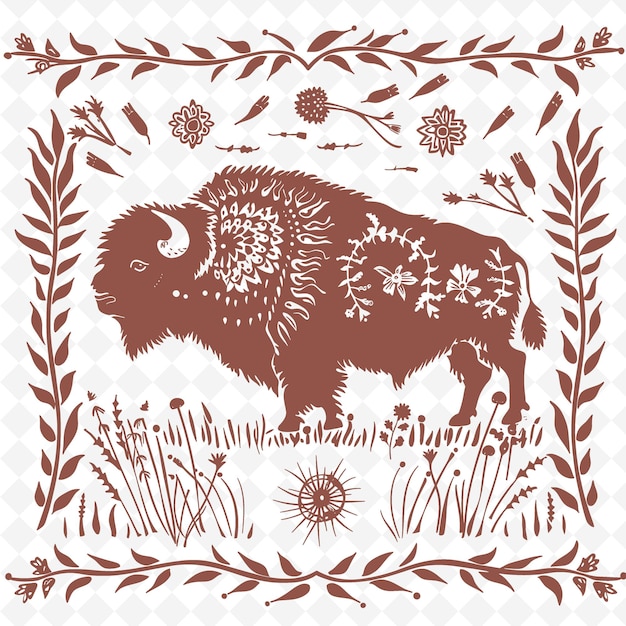 PSD bison line art con prairie grasses e native american symb outline scribble arts of nature decor