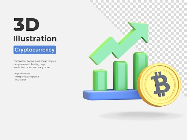 Bitcoin 차트 강세 아이콘 높은 가격 암호 화폐 기호 3d 렌더링 그림