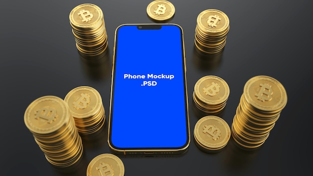 PSD スマートフォンデバイスのモックアップを使用したビットコイン暗号通貨