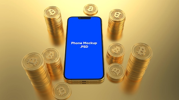 Criptovaluta bitcoin con mockup di dispositivo smartphone