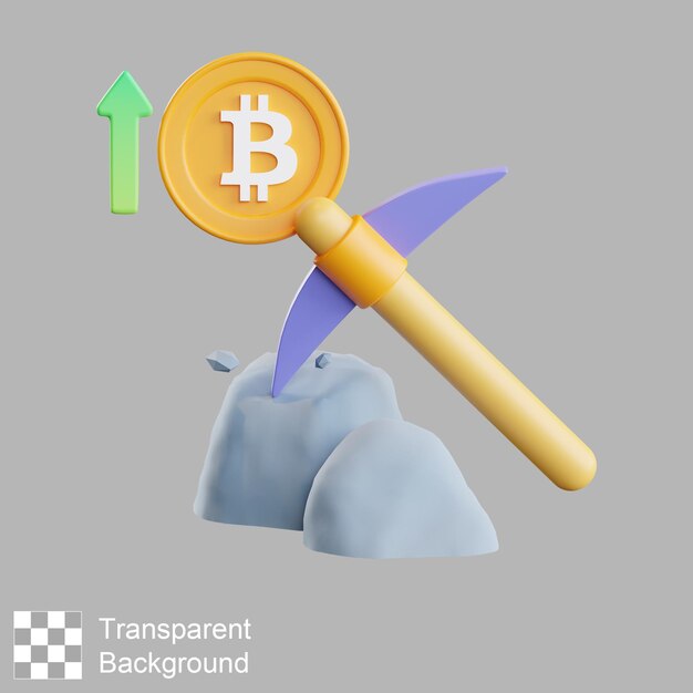 곡괭이 3D 일러스트와 함께 Bitcoin 마이닝