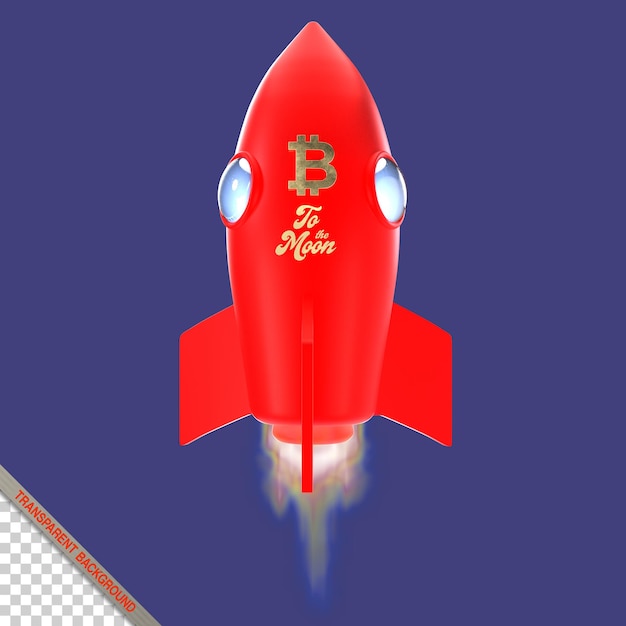 PSD bitcoin to the moon space rocket ship 3d render