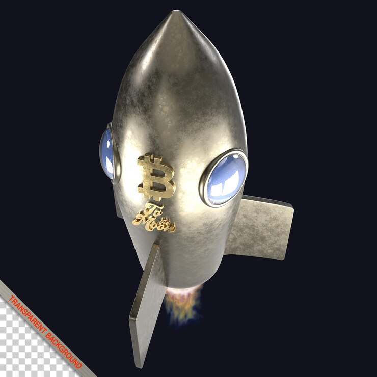 PSD bitcoin to the moon space rocket ship 3d render
