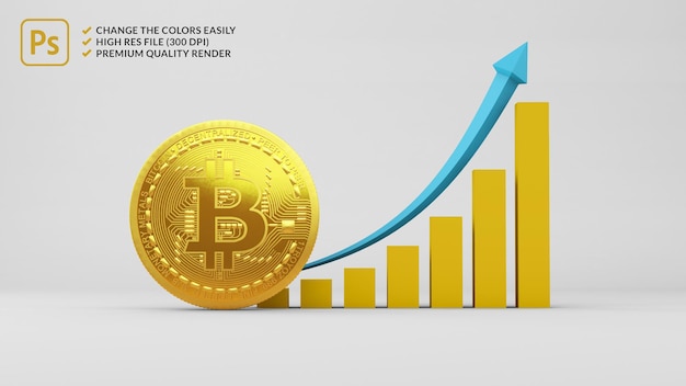 Bitcoin naast een groeiend staafdiagram in 3D-weergave