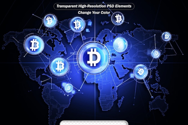 PSD ビットコインネットワークのスケッチ世界地図の前にあるhudの中の大きなビットコインサイン