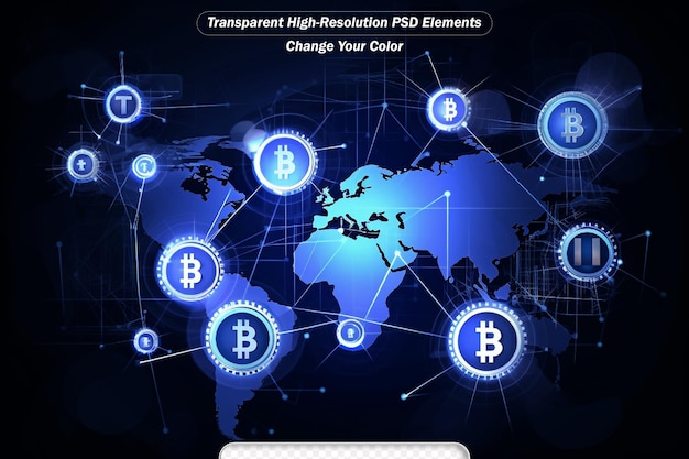 PSD bitcoin network sketch with a large bitcoin sign inside an hud in front of a world map