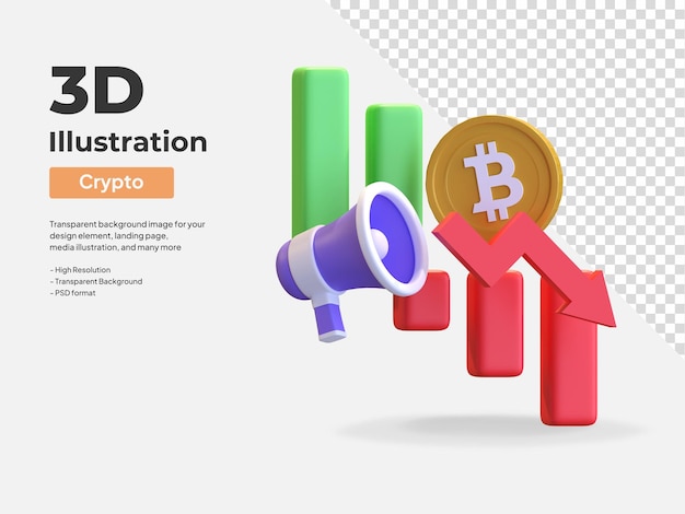 Bitcoin prijs markt crash melding 3d pictogram illustratie