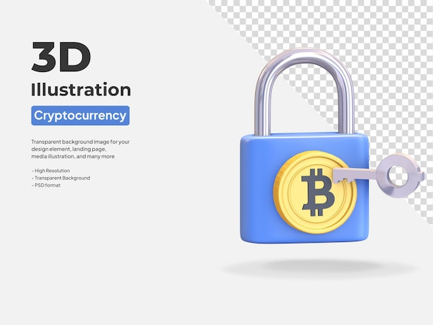 Bitcoin security lock icon cryptocurrency padlock symbol 3d render illustration