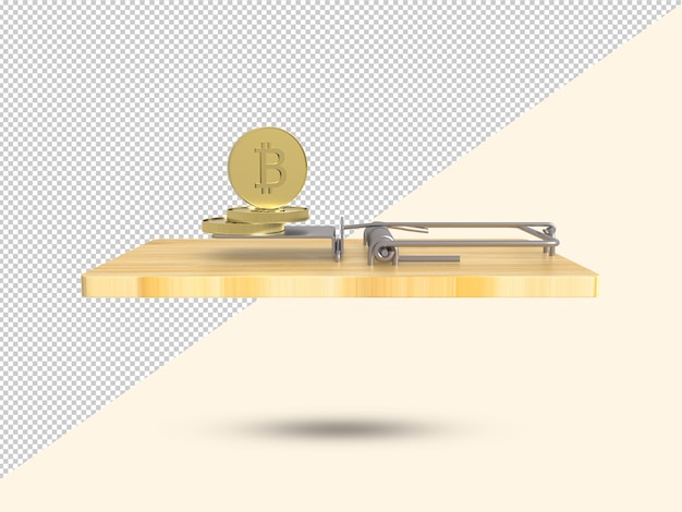 Bitcoin val en fraude 3D-pictogram Valsspelen of financiële valkuil en foutconcept door muisval