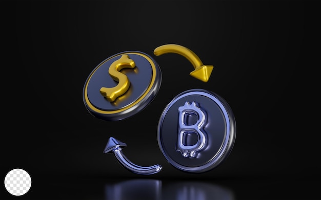 bitcoin with dollar and rotation arrow sign on dark background 3d render concept for money exchange