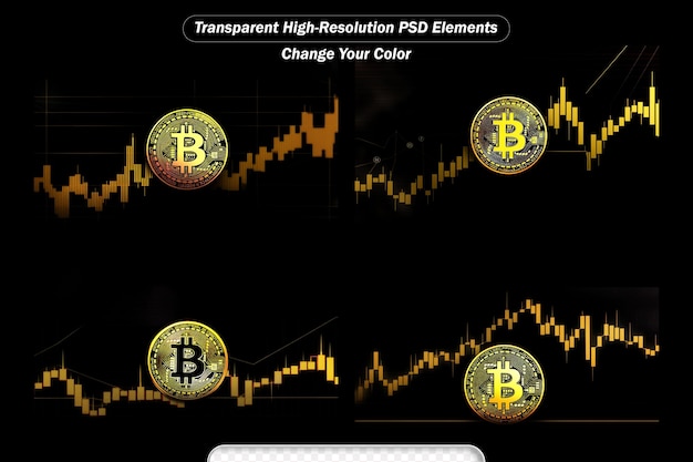 PSD bitcoin con grafico di investimento set di rendering di illustrazioni 3d