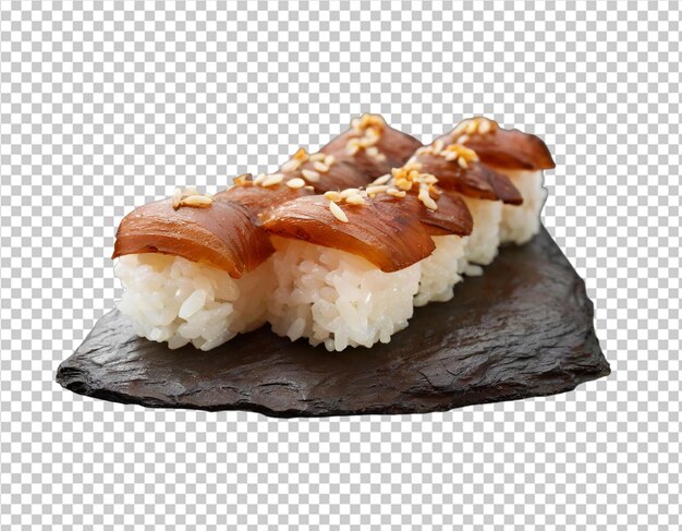 PSD pezzi di sushi di riso marrone a forma di morso coperti di salmone affumicato