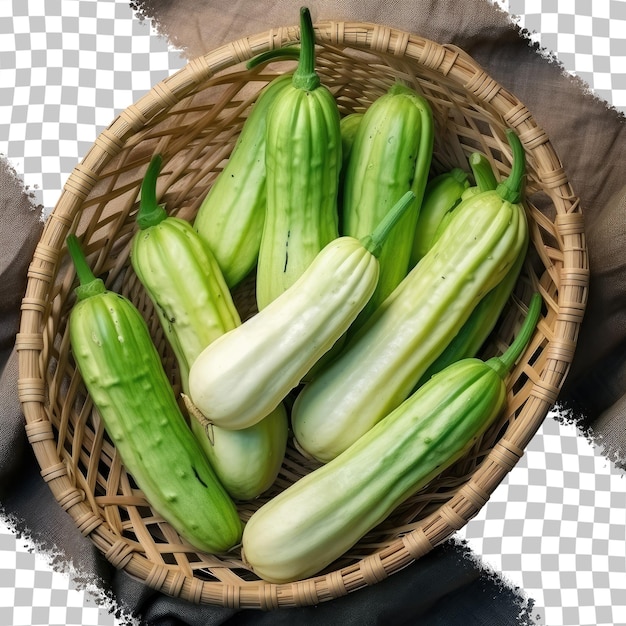 PSD bitter gourd in basket viewed from above transparent background