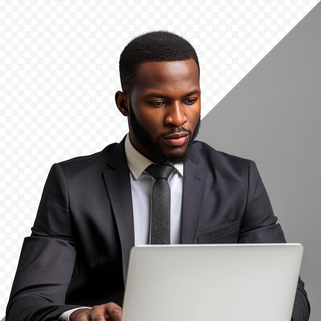 Biznes I Sukces Przystojny, Udany Afroamerykanin W Formalnym Garniturze Używający Laptopa Do Pracy Na Odległość Patrząc Na Ekran Z Poważnym Wyrazem Twarzy