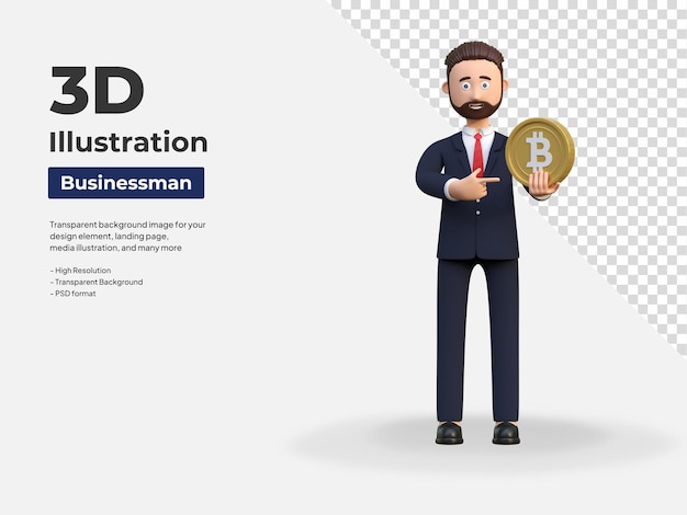 Biznesmen posiadający bitcoin krypto waluta ilustracja postaci 3d