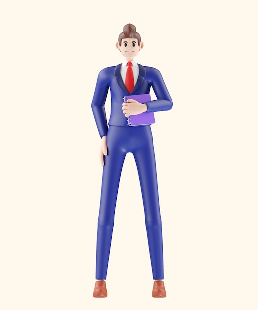 biznesmen trzyma książkę 3D ilustracja kreskówka uśmiecha się na białym tle