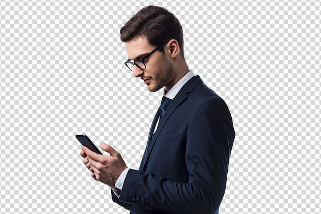 biznesmen używający smartfona na białym izolowanym tle