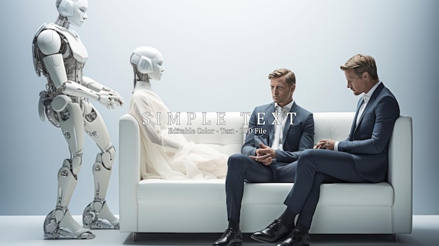 Biznesmeni i humanoidalny robot AI czekający na rozmowę o pracę