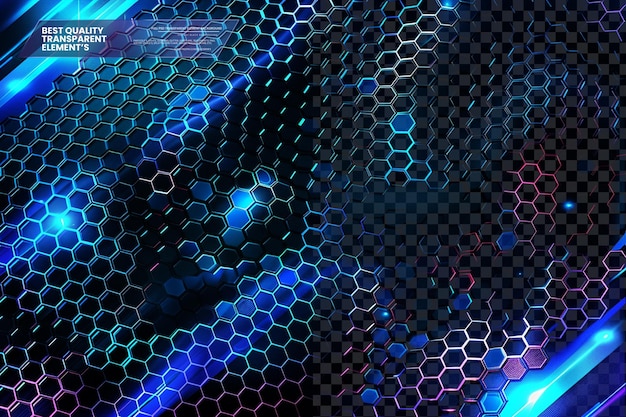 Blå glødende lysbaggrund med sekskantet Techno-net på transparent baggrund