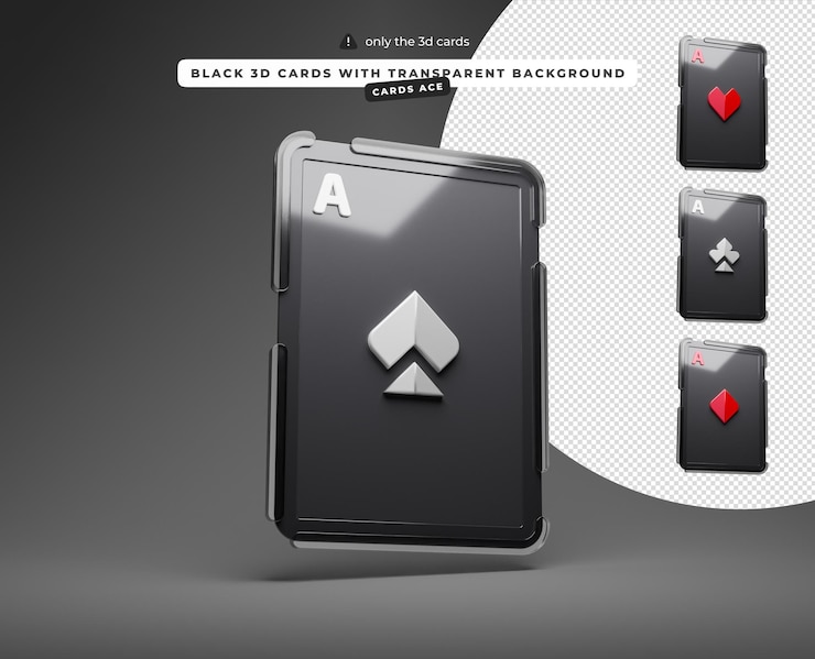 PSD black 3d cards with transparent background ace of hearts spades diamonds clubs cards right