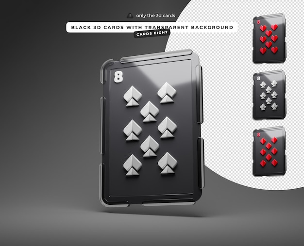 透明な背景の黒い 3d カード ハーツ 8 ピーク ダイヤモンド クラブ カード 左