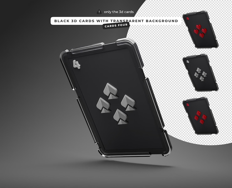 PSD black 3d cards with transparent background four of hearts spades diamonds clubs cards left down