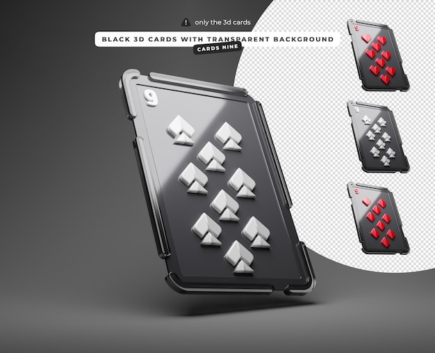 Carte 3d nere con sfondo trasparente nove di cuori picche diamanti mazze carte in su