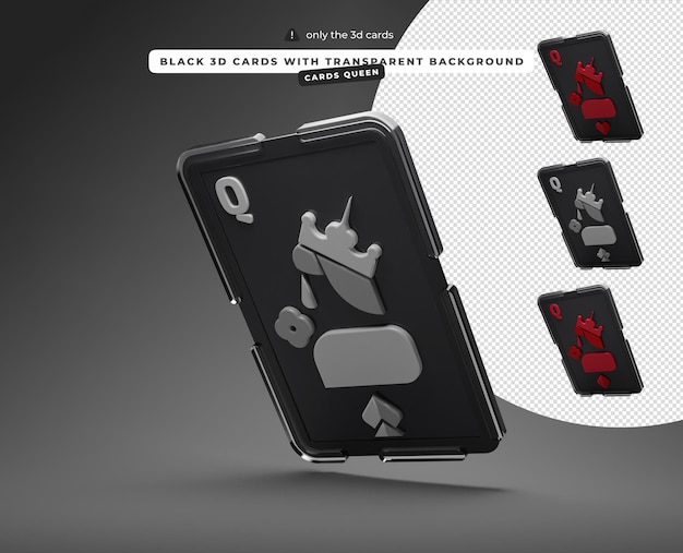 PSD black 3d cards with transparent background queen of hearts spades diamonds clubs cards left down