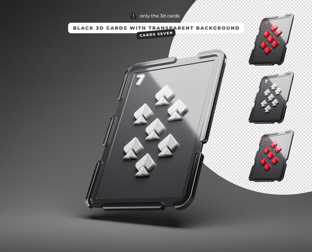 PSD black 3d cards with transparent background seven of hearts spades diamonds clubs cards left up