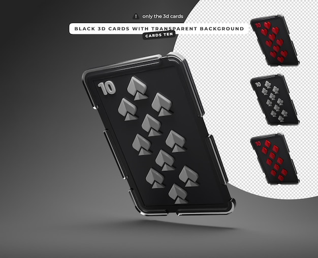 Black 3d cards with transparent background ten of hearts spades diamonds clubs cards left down