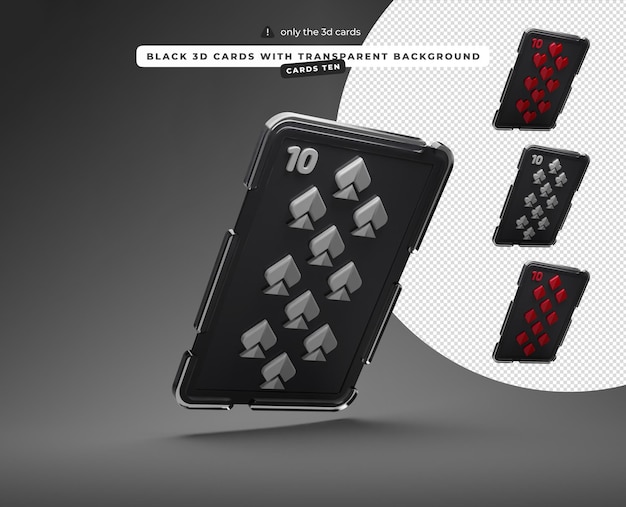 PSD black 3d cards with transparent background ten of hearts spades diamonds clubs cards right down