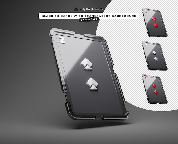 透明な背景の黒い 3D カード ハーツ 2 スペード ダイヤモンド クラブ カード