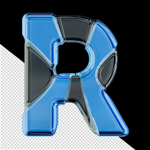 Black 3d symbol with blue inlays letter r