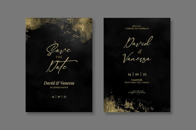 Шаблон набора черно-золотых свадебных пригласительных билетов