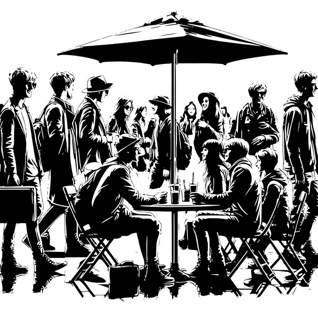PSD 都市街のカフェで挨をしているヨーロッパ人のグループの黒と白のシルエット