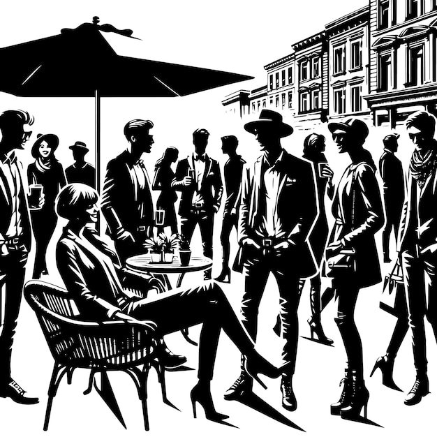PSD Черно-белый силуэт группы европейцев, приветствующих друг друга в городском уличном кафе