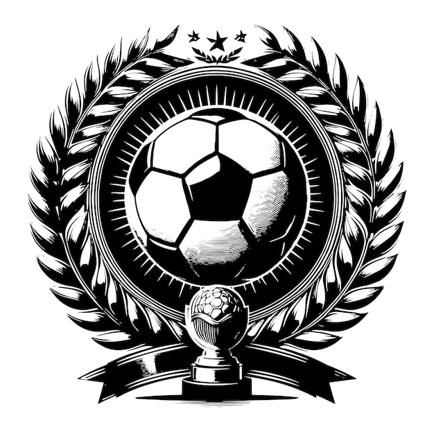 PSD Черно-белый силуэт лаврового венка с иллюстрацией символа футбольного мяча