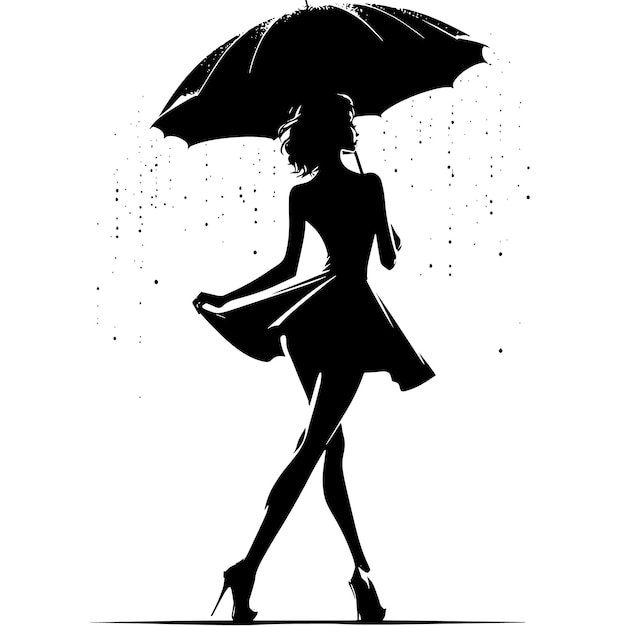 PSD 雨の中で傘の下を歩くドレスを着た女性の黒と白のシルエット