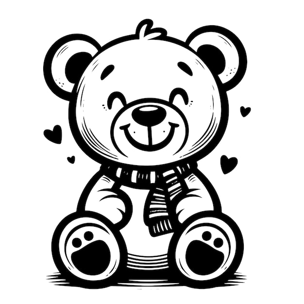 PSD Черно-белый силуэт рисунок белого милого смешного счастливого плюшевого медведя