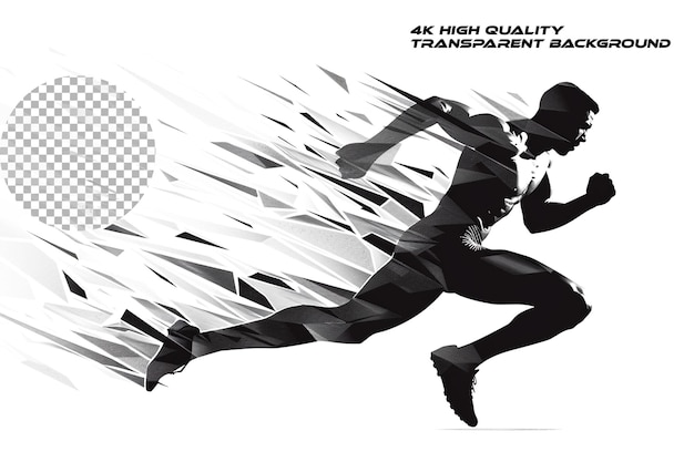 PSD Черно-белый векторный логотип спортсмена, бегущего на прозрачном фоне