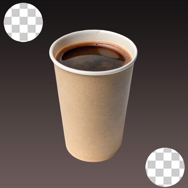 透明な背景の紙のクラフトカップに黒い香りのあるコーヒー