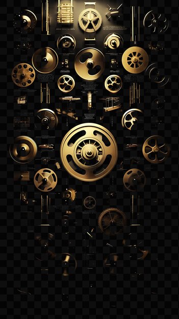 PSD a black background with a gold metal wheel and gears