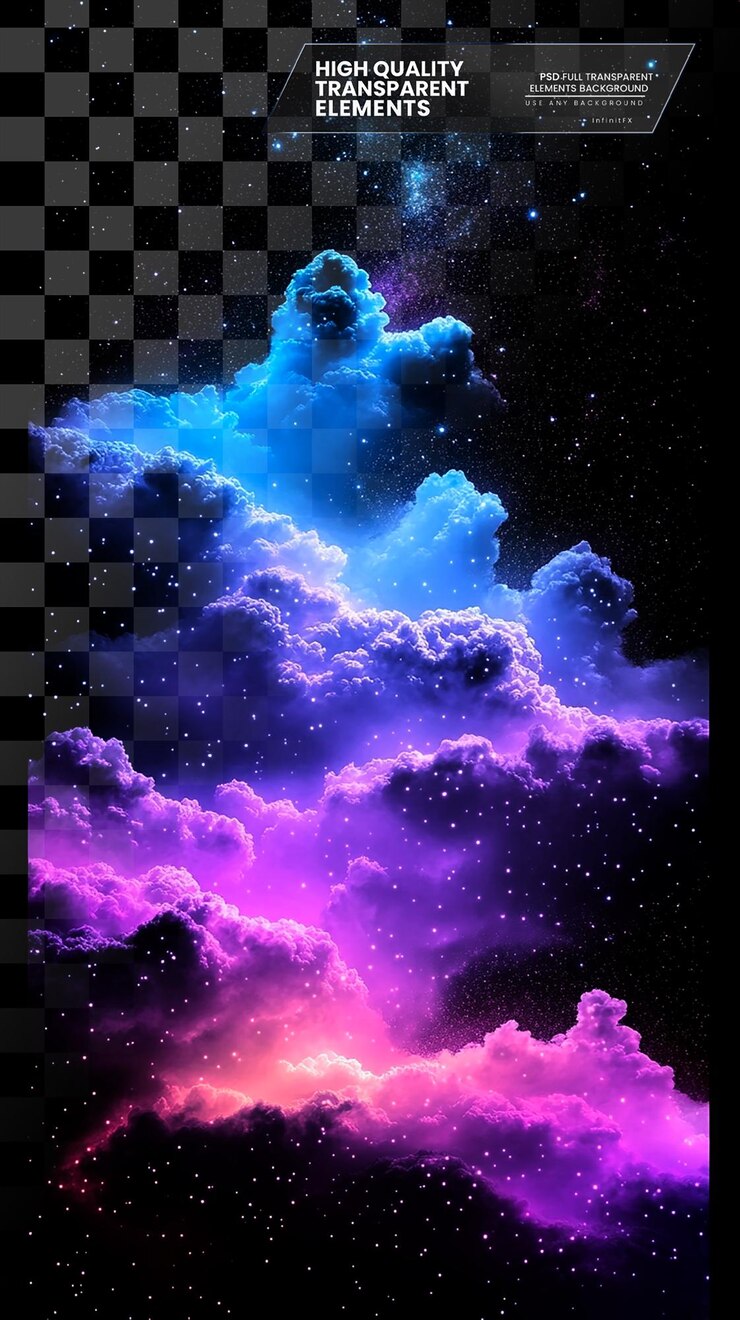 PSD 透明な背景に紫と青の雲が付いた黒い背景